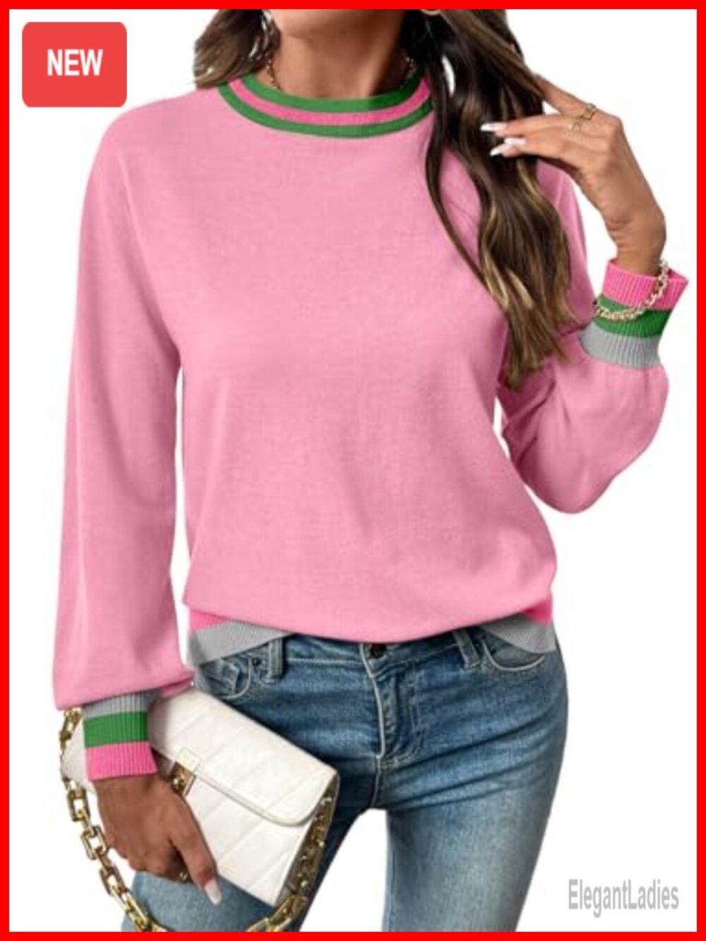 Womens Crew Neck Long Sleeve Pullover Sweater Color Block Knit Fall Top